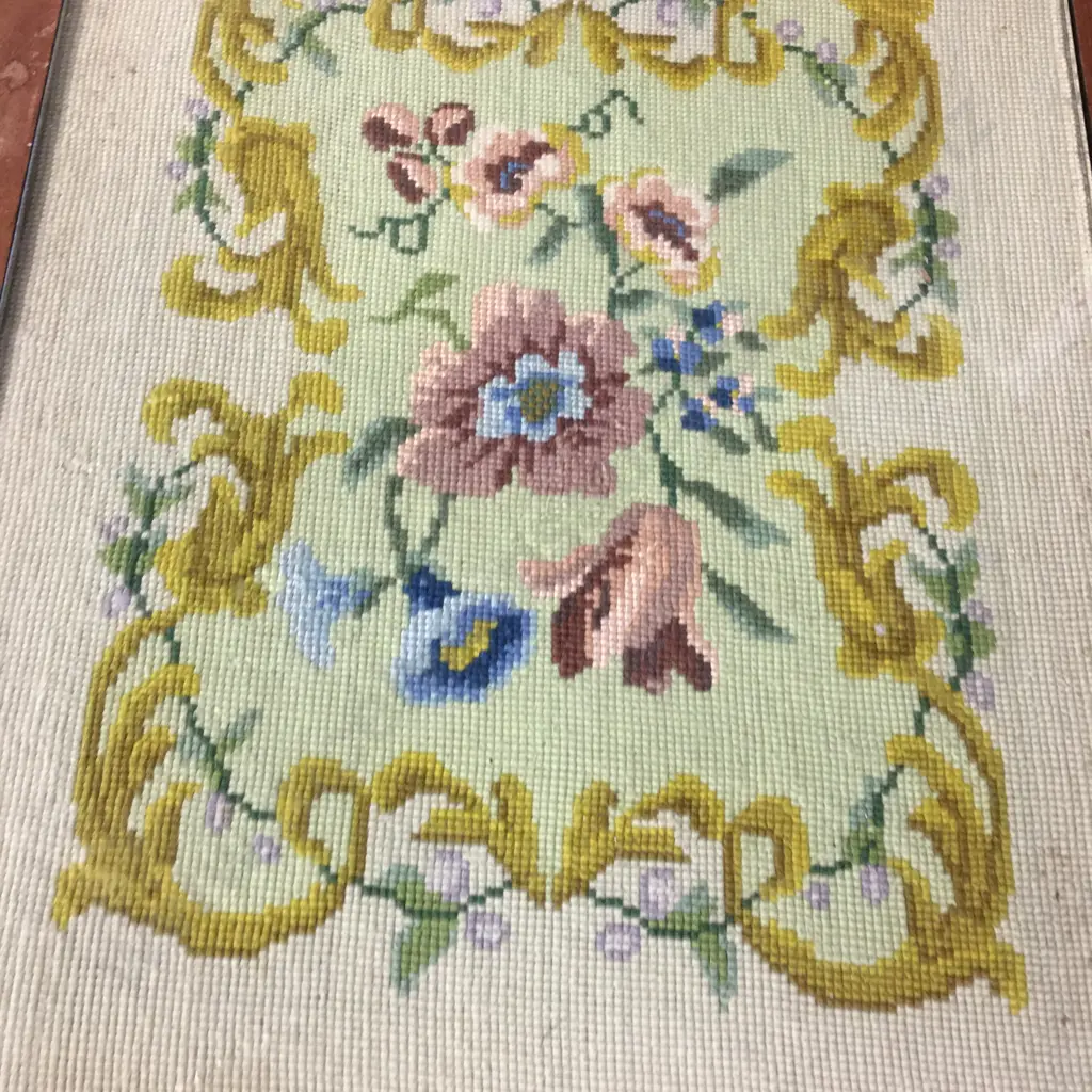 Vintage Mahogany Table With Tapestry Inlaid, Glass Top With Cabriole Legs H52,D52,W63cm. Image 1++