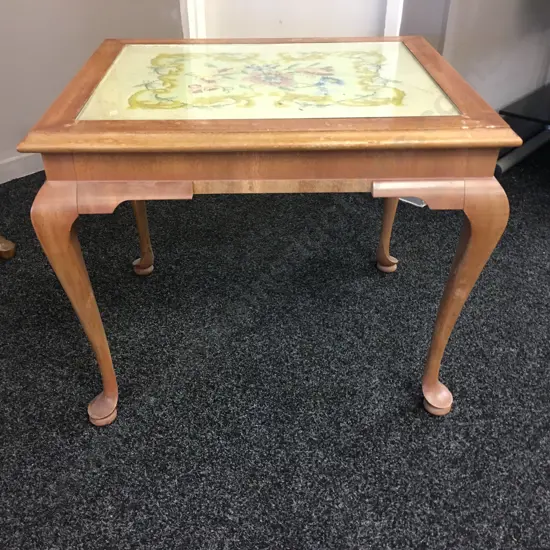 Vintage Mahogany Table With Tapestry Inlaid, Glass Top With Cabriole Legs H52,D52,W63cm.