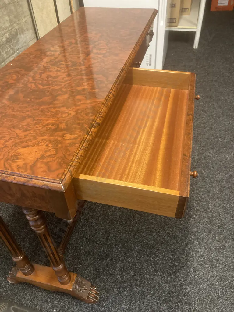 Burr Walnut Console Table With a Turned Stretcher Base, 2 Drawers. H72 W121 D43cm Image 1++