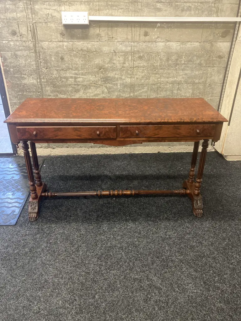 Burr Walnut Console Table With a Turned Stretcher Base, 2 Drawers. H72 W121 D43cm Image 1++