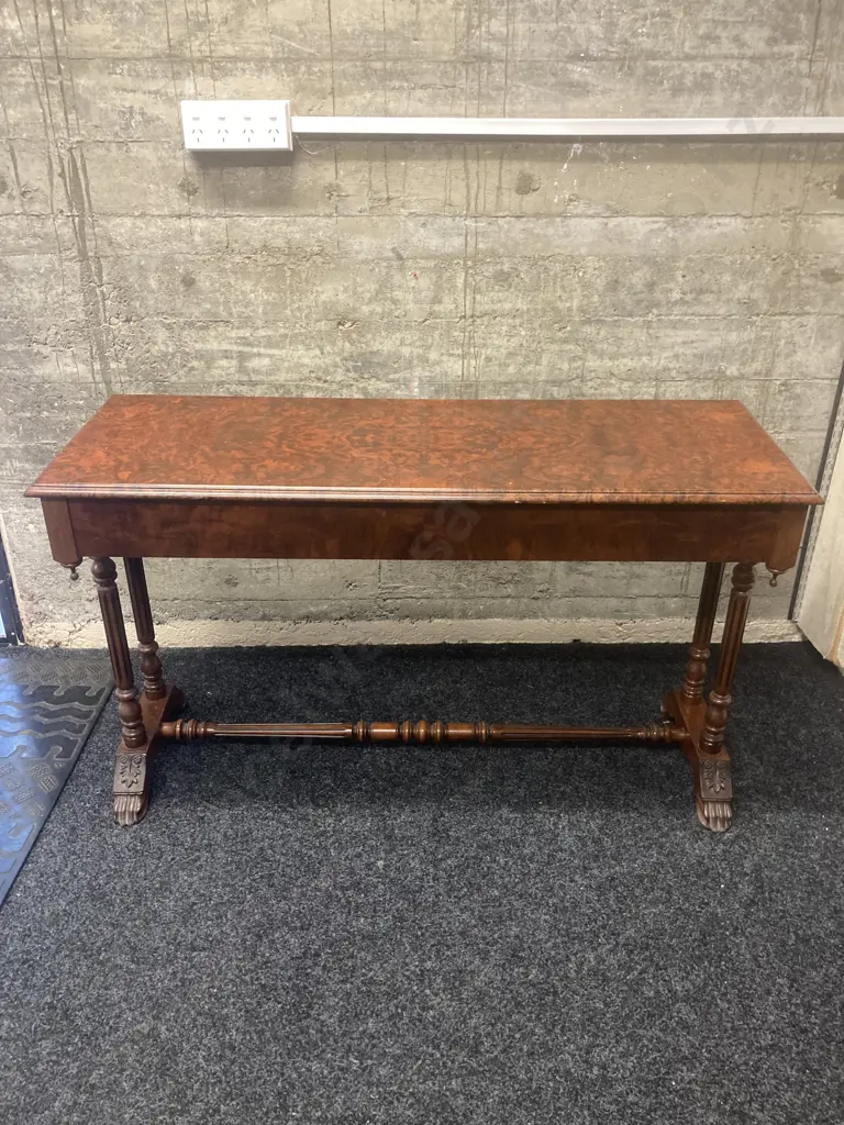 Burr Walnut Console Table With a Turned Stretcher Base, 2 Drawers. H72 W121 D43cm Image 1++