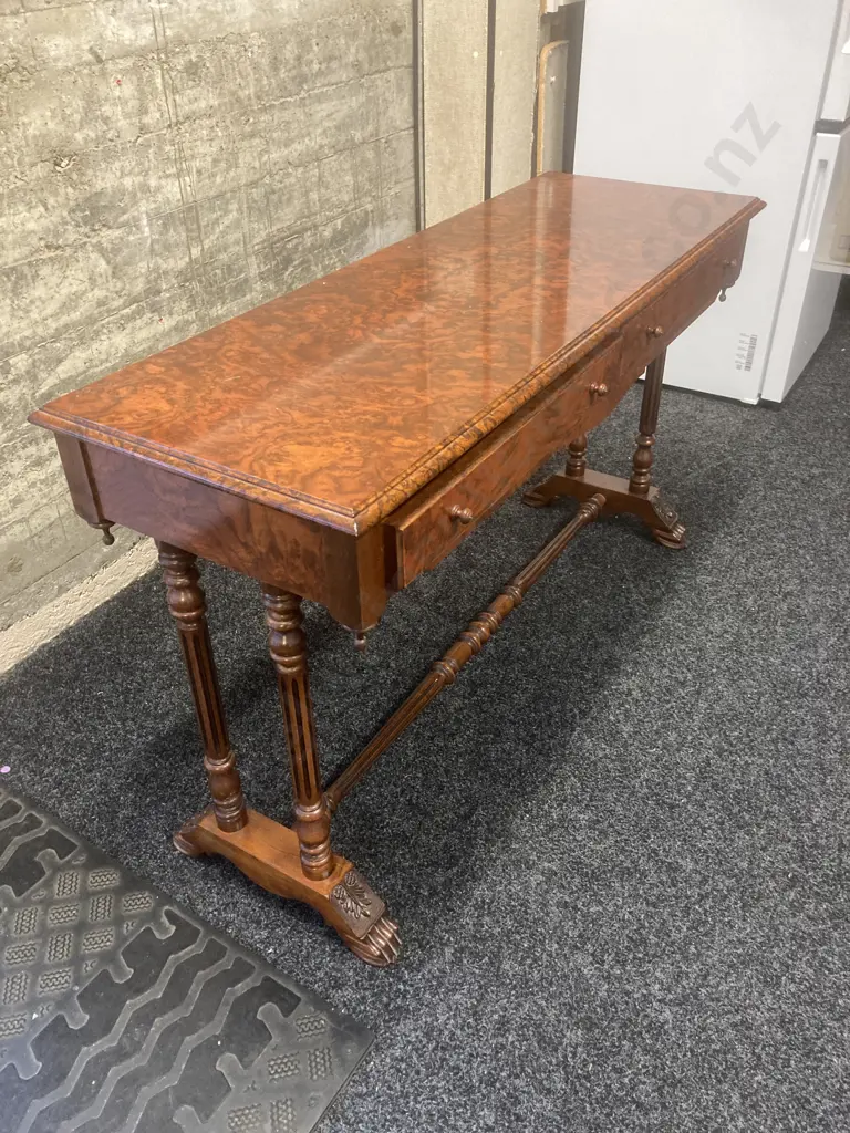 Burr Walnut Console Table With a Turned Stretcher Base, 2 Drawers. H72 W121 D43cm Image 1++