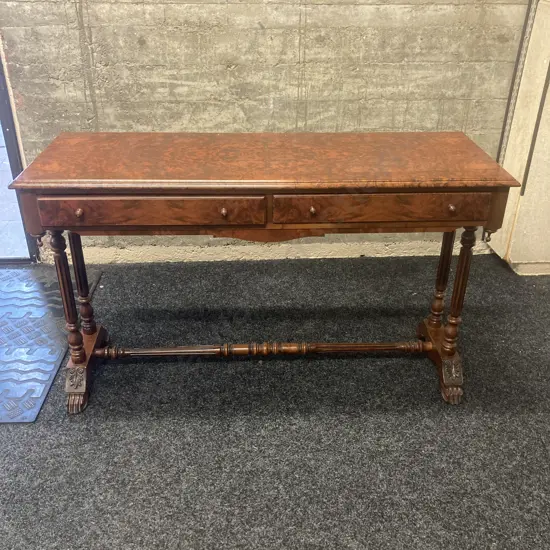 Burr Walnut Console Table With a Turned Stretcher Base, 2 Drawers. H72 W121 D43cm