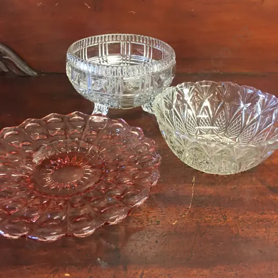 Selection Of Glassware Items Including Tri Footed Bowl, Platter Etc