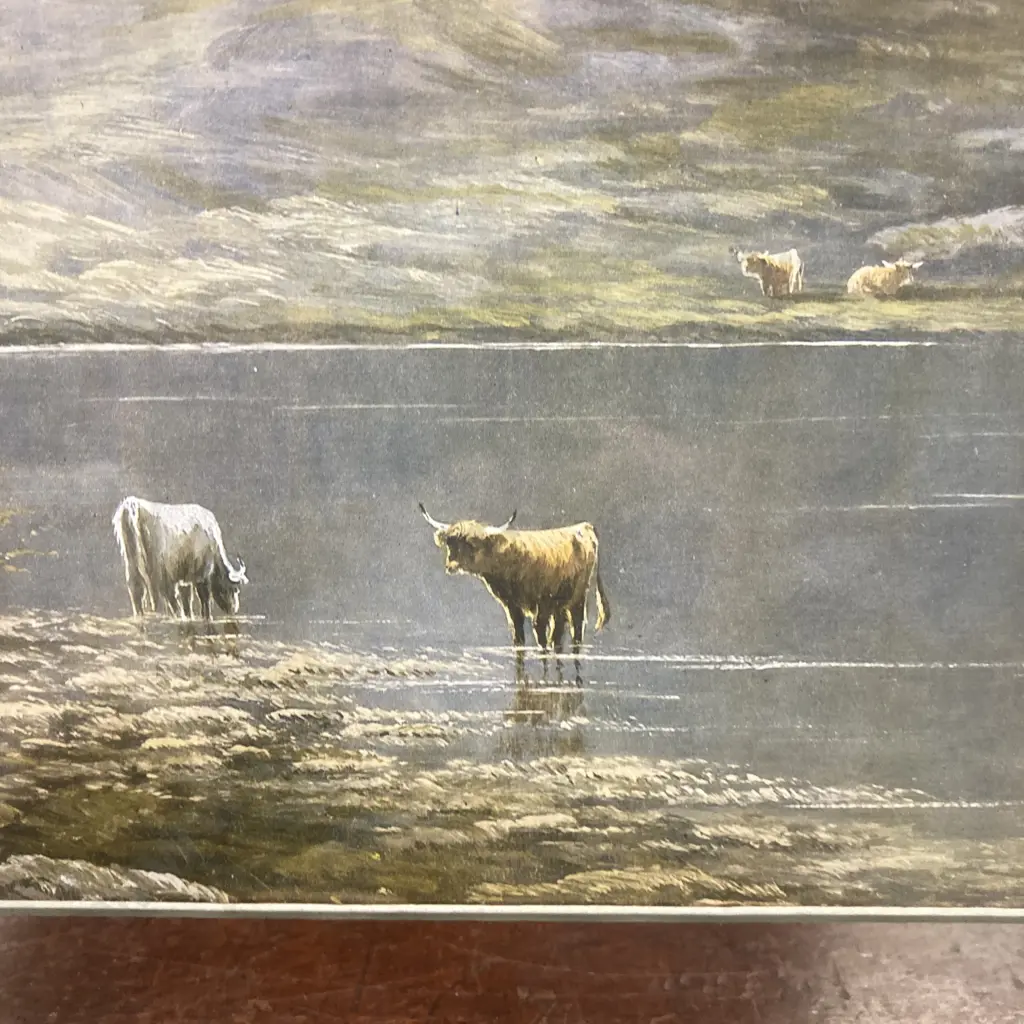 Vintage Pie Crust Picture Mirror With Highland Cattle Country Scene. 38 x 56cm Image 1++