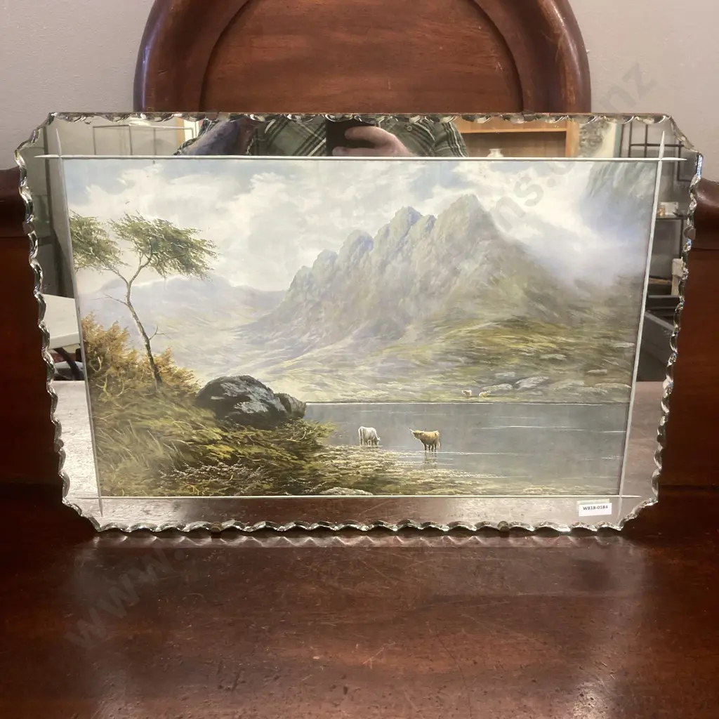 Vintage Pie Crust Picture Mirror With Highland Cattle Country Scene. 38 x 56cm Image 1++