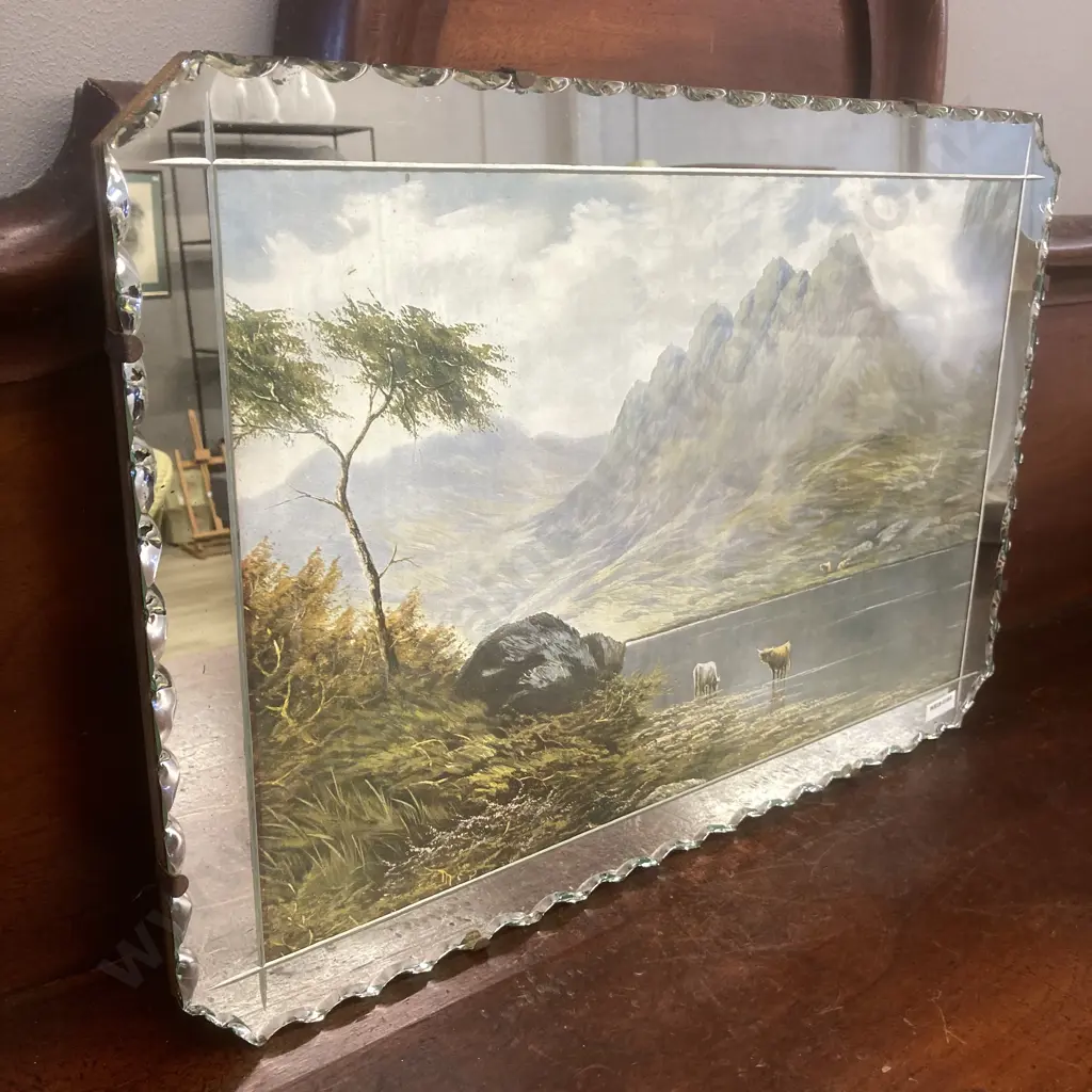 Vintage Pie Crust Picture Mirror With Highland Cattle Country Scene. 38 x 56cm Image 1++