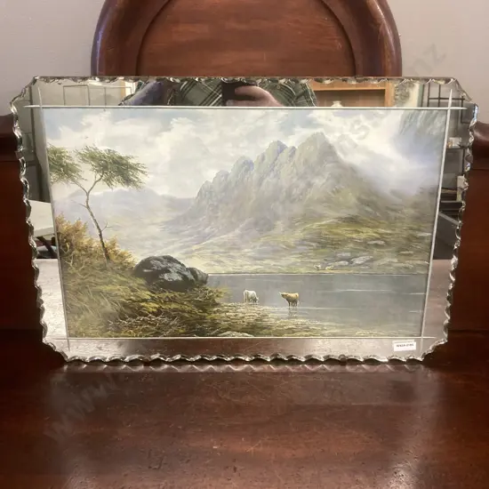 Vintage Pie Crust Picture Mirror With Highland Cattle Country Scene. 38 x 56cm