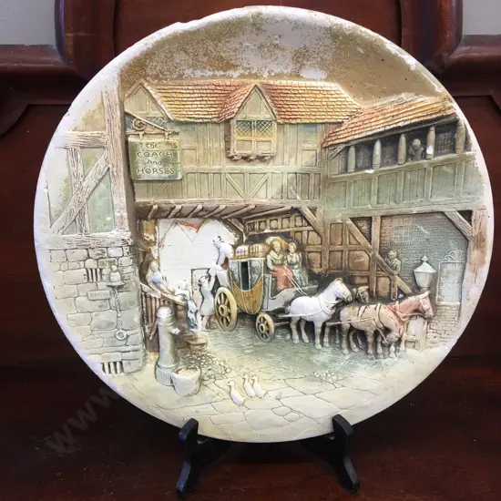 Vintage English Hand Painted Plaque By W.H. Bossons 'The Coach & Horses' Diam 37cm.