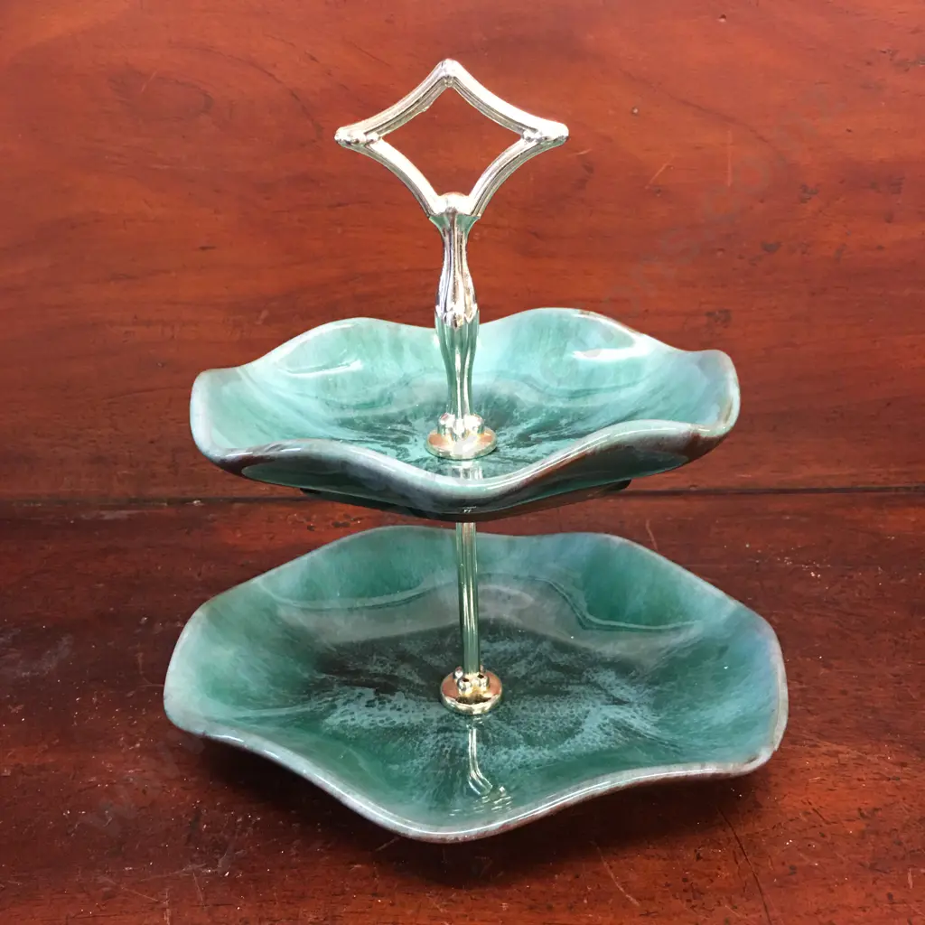 Vintage Blue Mountain Two Tiered Snack Dish With Handle Flow Green Glazed H26cm   Image 1++