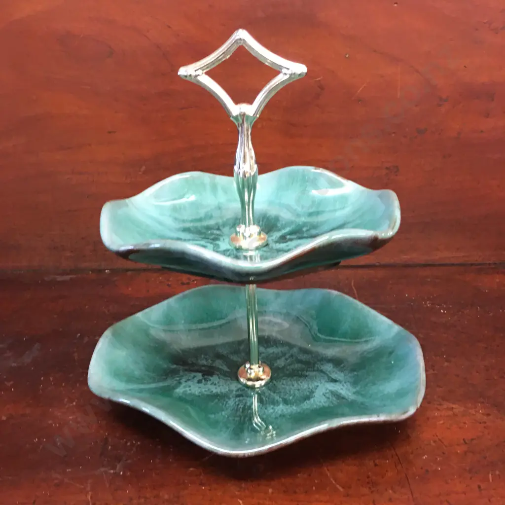 Vintage Blue Mountain Two Tiered Snack Dish With Handle Flow Green Glazed H26cm   Image 1++