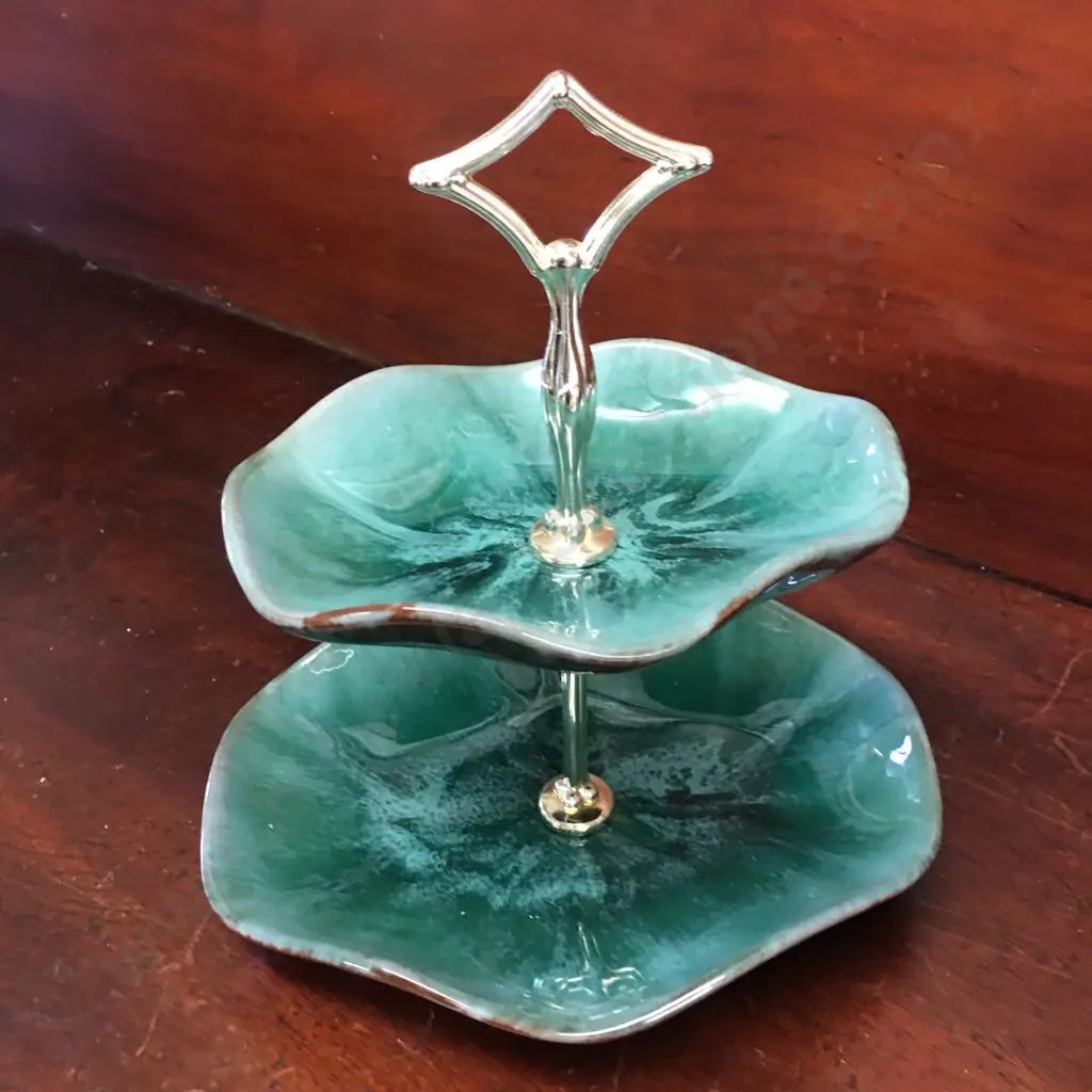 Vintage Blue Mountain Two Tiered Snack Dish With Handle Flow Green Glazed H26cm   Image 1++