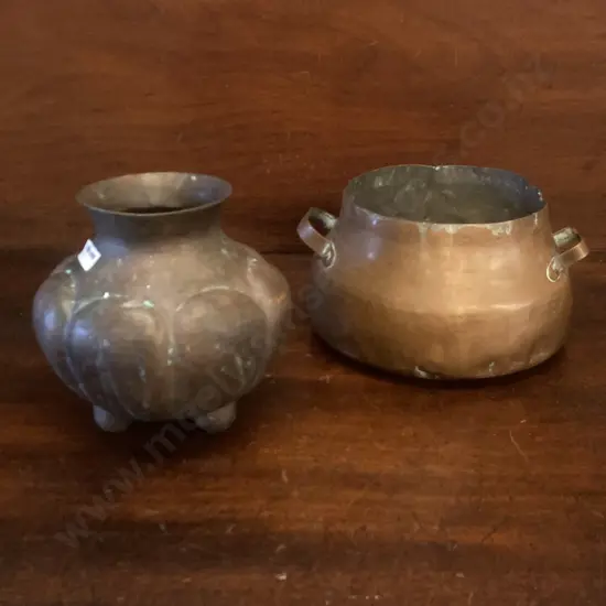 Arts & Crafts Copper Forged Bulbous Vase. 15 x 15cm With Vintage Copper Pot. 10 x 20cm