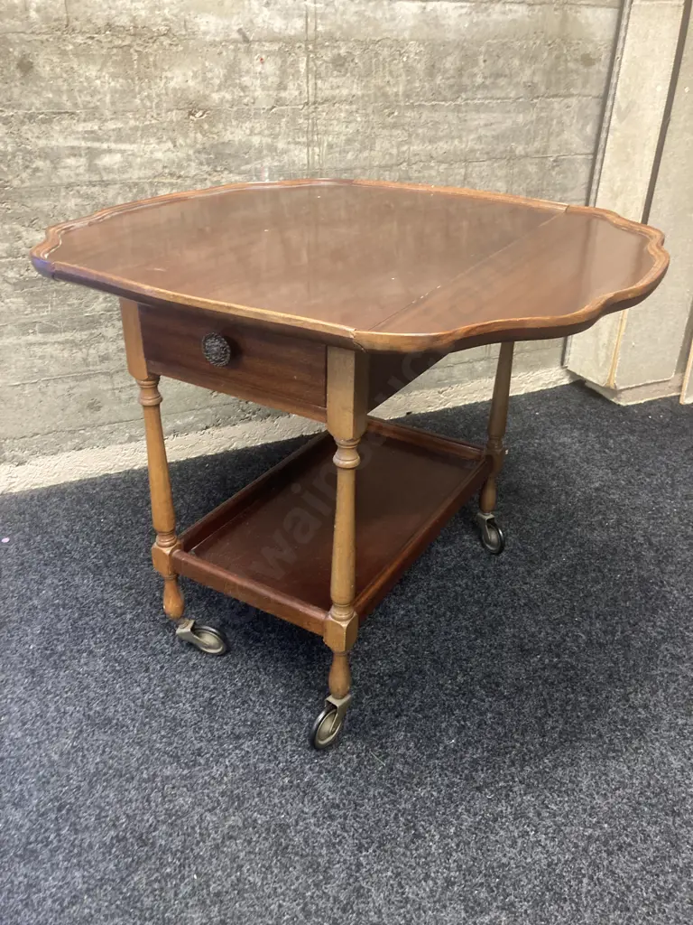 Mahogany Dropleaf Tea Trolley, Pie Crust Edge, Drawer & Pull Out Slide, Mobile Image 1++