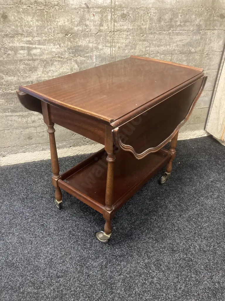 Mahogany Dropleaf Tea Trolley, Pie Crust Edge, Drawer & Pull Out Slide, Mobile Image 1++