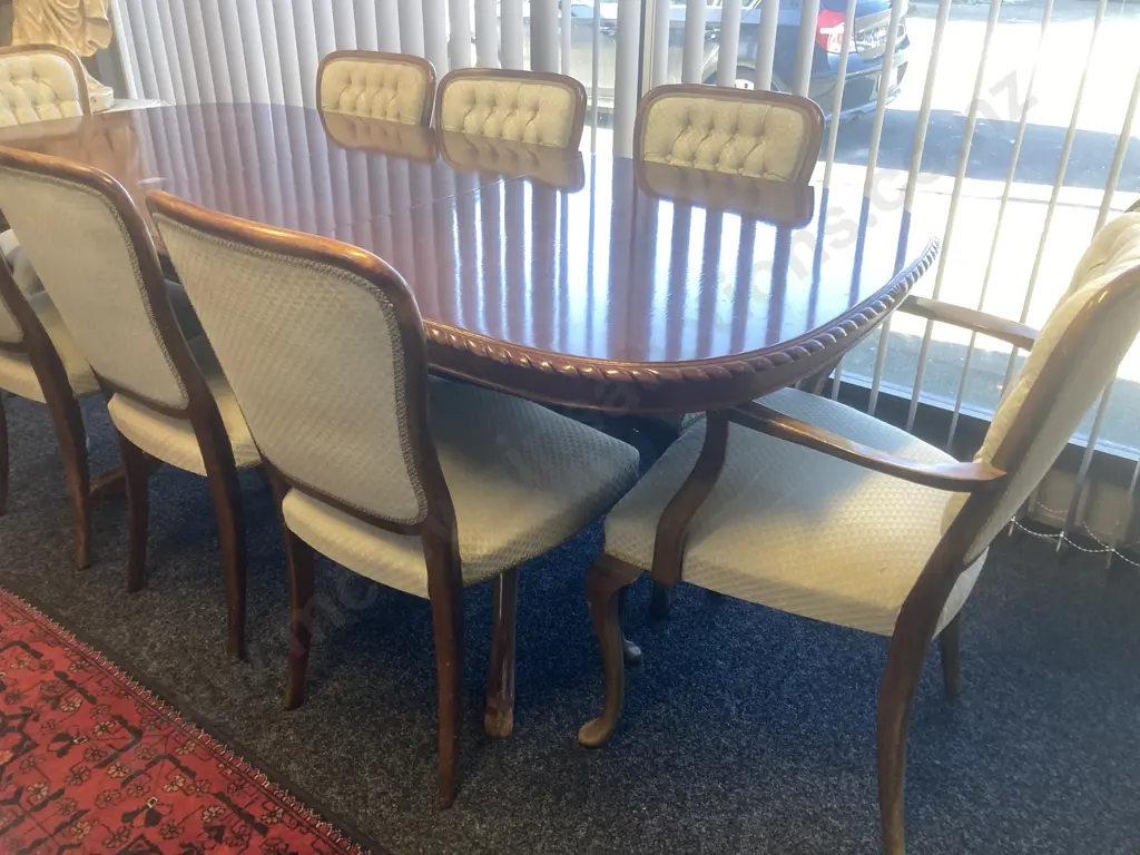 Mahogany Rope Edge Extension Table, 6 Braided Button Back Green Fabric Chairs & 2 Carvers, Carved Double Pedestal Base Image 1++