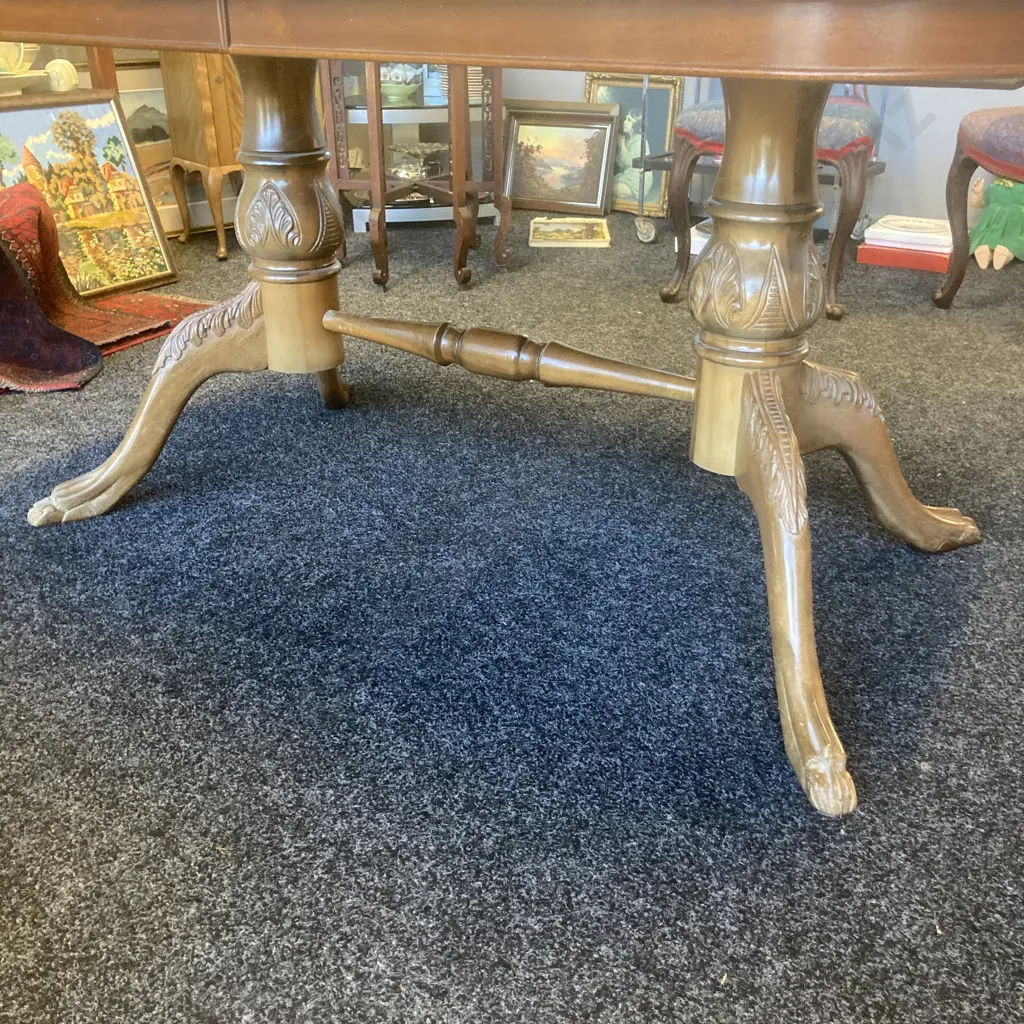 Mahogany Rope Edge Extension Table, 6 Braided Button Back Green Fabric Chairs & 2 Carvers, Carved Double Pedestal Base Image 1++