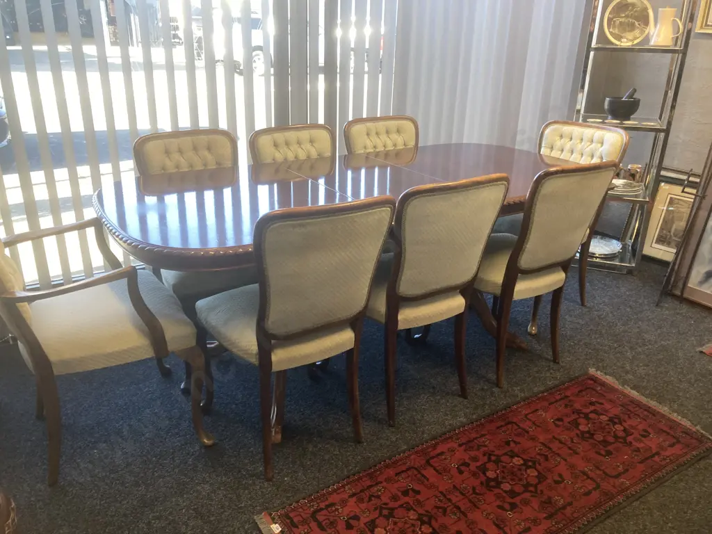 Mahogany Rope Edge Extension Table, 6 Braided Button Back Green Fabric Chairs & 2 Carvers, Carved Double Pedestal Base Image 1++