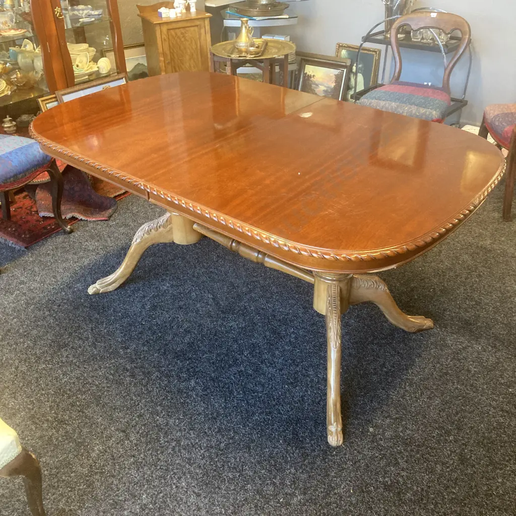 Mahogany Rope Edge Extension Table, 6 Braided Button Back Green Fabric Chairs & 2 Carvers, Carved Double Pedestal Base Image 1++