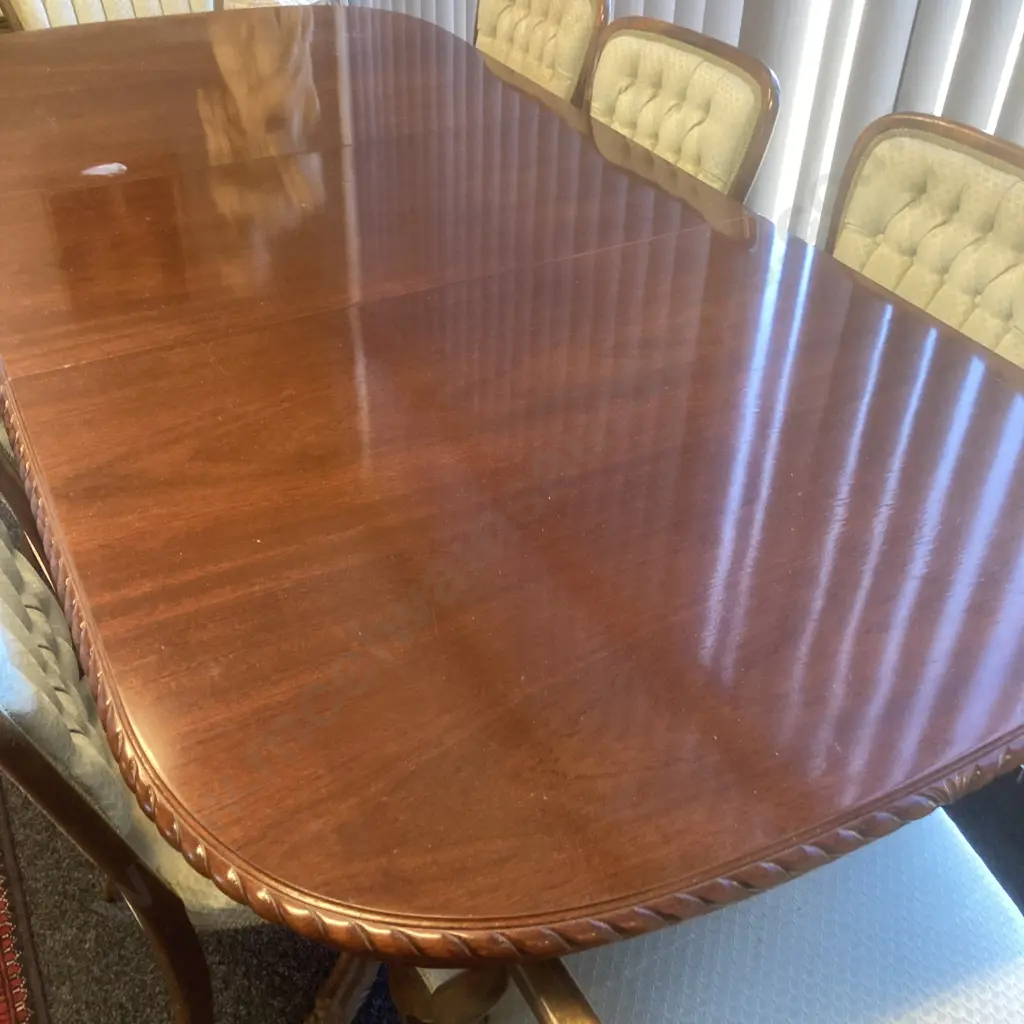 Mahogany Rope Edge Extension Table, 6 Braided Button Back Green Fabric Chairs & 2 Carvers, Carved Double Pedestal Base Image 1++