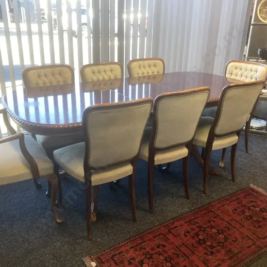 Mahogany Rope Edge Extension Table, 6 Braided Button Back Green Fabric Chairs & 2 Carvers, Carved Double Pedestal Base