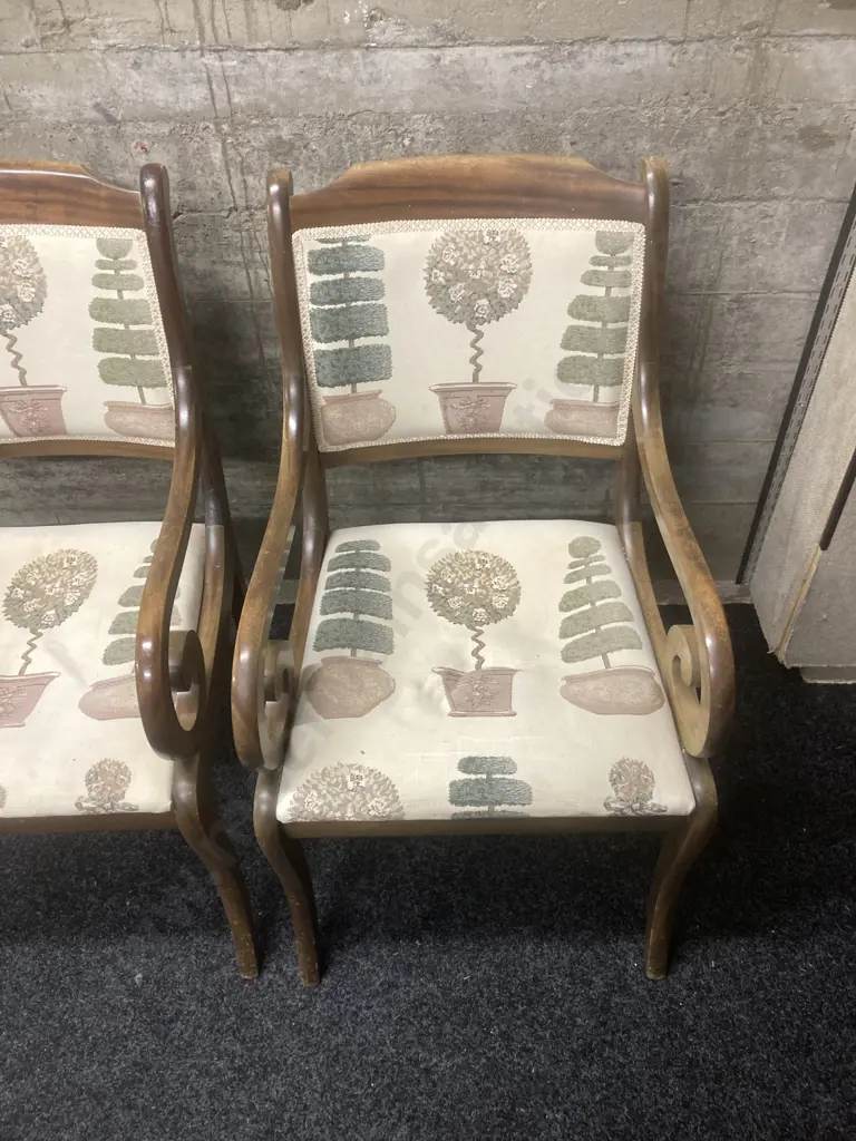 Pair of Mahogany Dining Room Chairs With Scrolled Arms & Small Round Footstool With Matching Fabric Image 1++