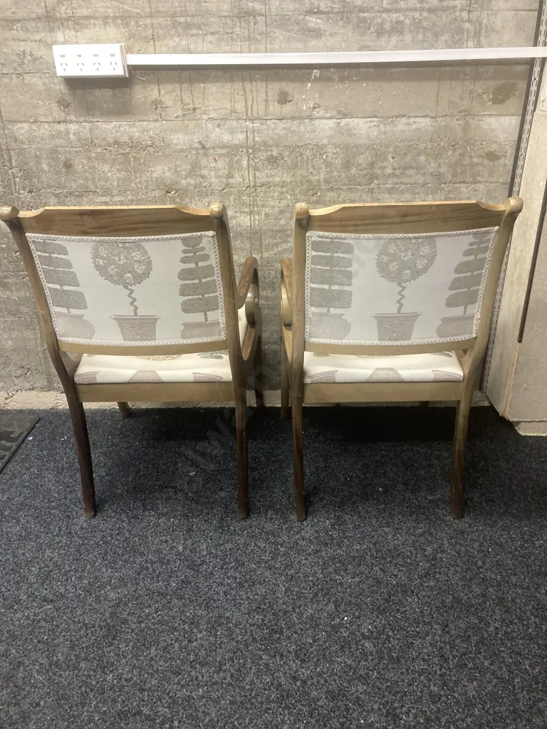 Pair of Mahogany Dining Room Chairs With Scrolled Arms & Small Round Footstool With Matching Fabric Image 1++
