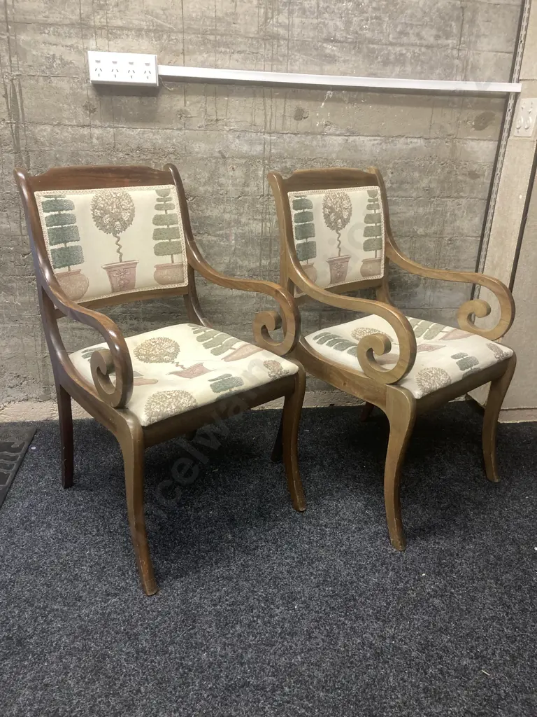 Pair of Mahogany Dining Room Chairs With Scrolled Arms & Small Round Footstool With Matching Fabric Image 1++