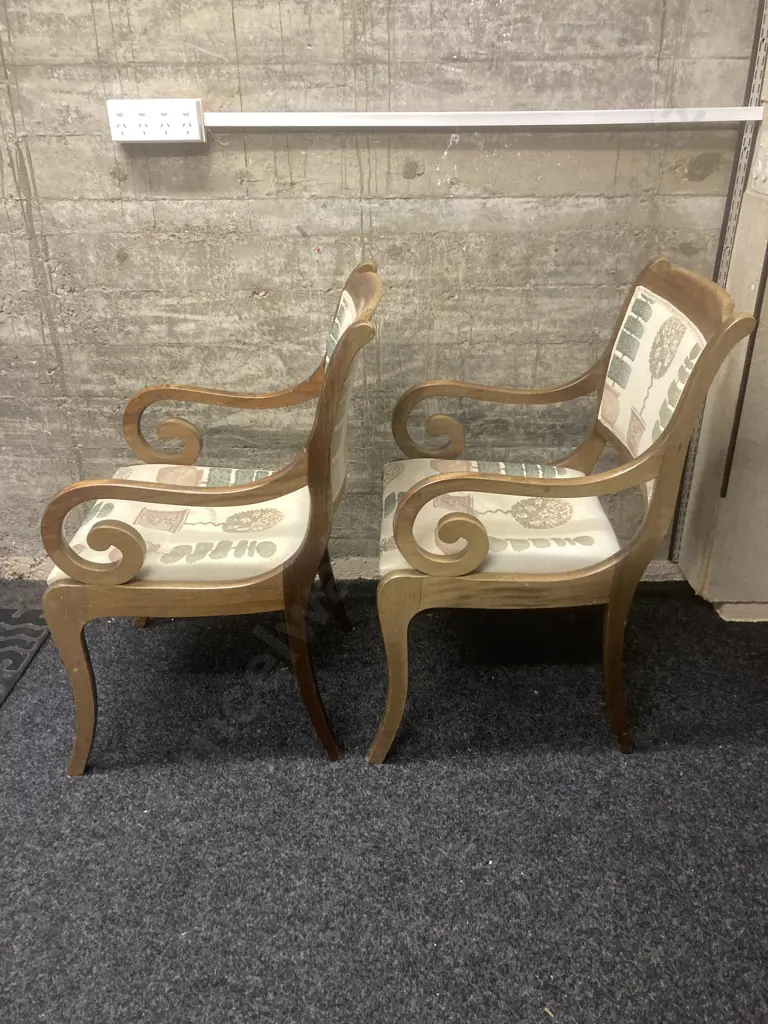 Pair of Mahogany Dining Room Chairs With Scrolled Arms & Small Round Footstool With Matching Fabric Image 1++