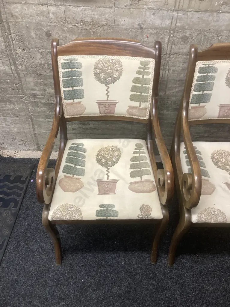 Pair of Mahogany Dining Room Chairs With Scrolled Arms & Small Round Footstool With Matching Fabric Image 1++