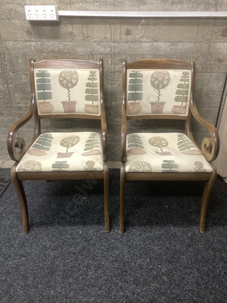 Pair of Mahogany Dining Room Chairs With Scrolled Arms & Small Round Footstool With Matching Fabric Image 1++