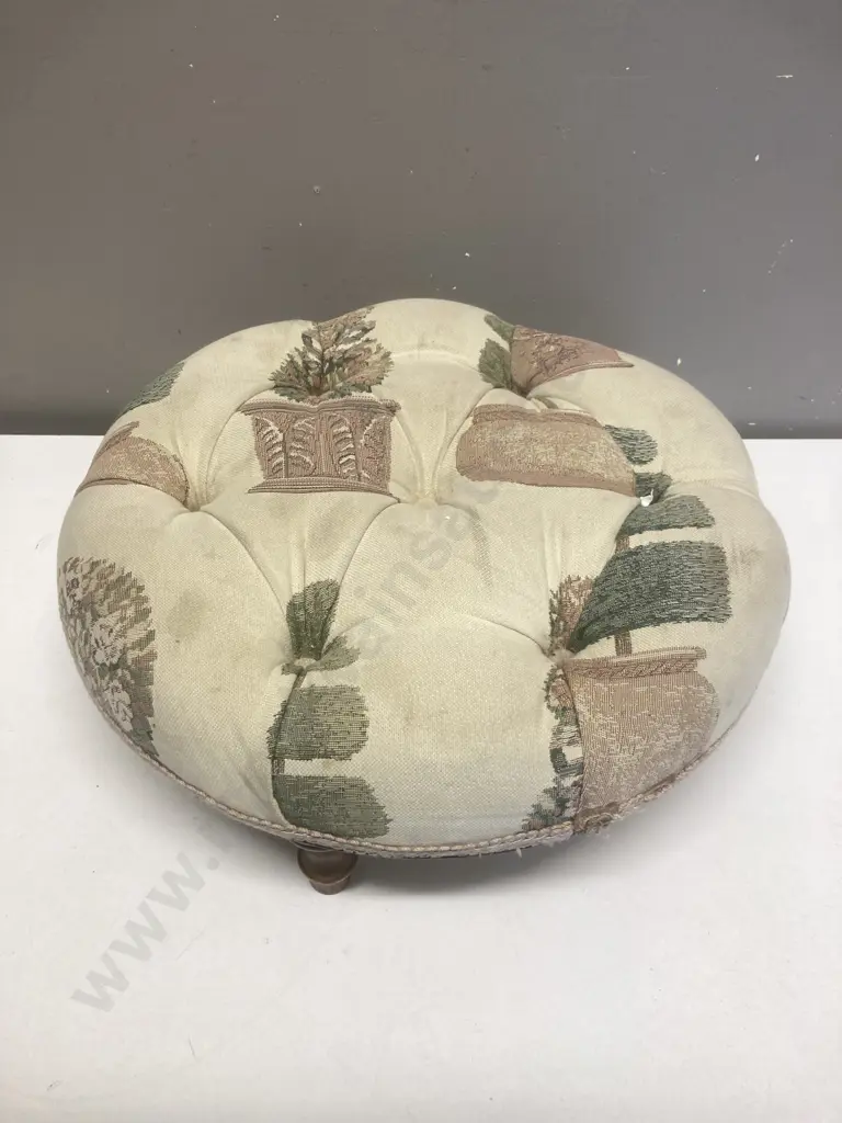 Pair of Mahogany Dining Room Chairs With Scrolled Arms & Small Round Footstool With Matching Fabric Image 1++