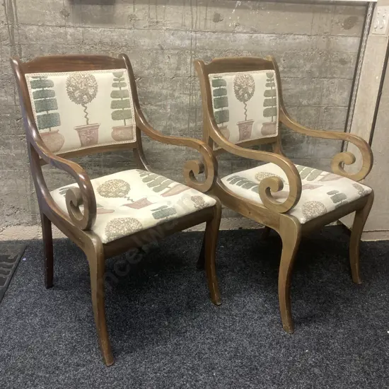 Pair of Mahogany Dining Room Chairs With Scrolled Arms & Small Round Footstool With Matching Fabric