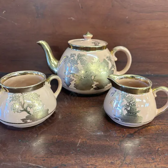 Staffordshire 'Gibsons' Teapot, Creamer & Bowl.
