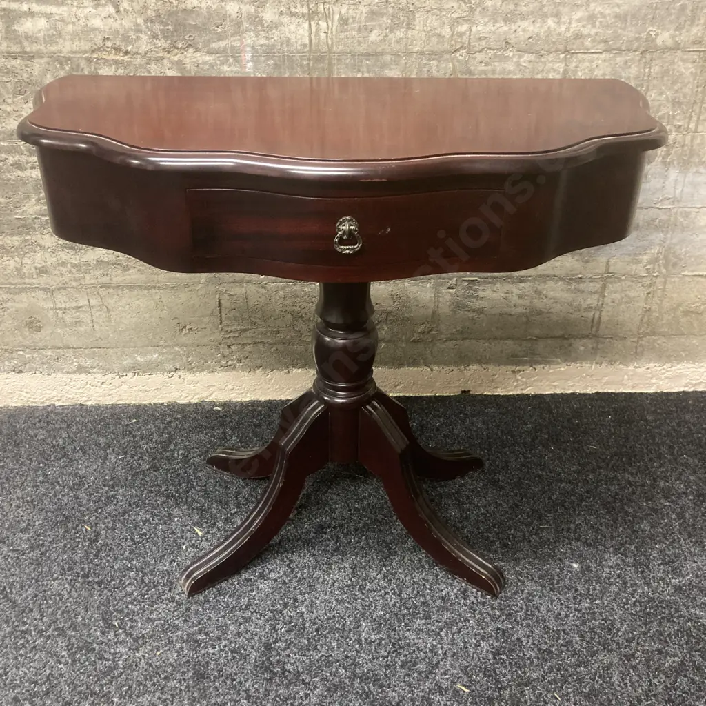 Mahogany 1/2 Round Table With a Single Drawer & Turned Pedestal Base. H67 W83 D39cm Image 1++