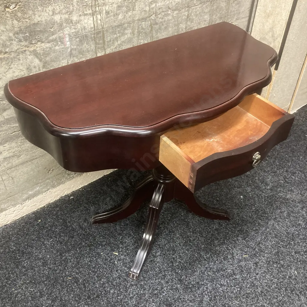 Mahogany 1/2 Round Table With a Single Drawer & Turned Pedestal Base. H67 W83 D39cm Image 1++