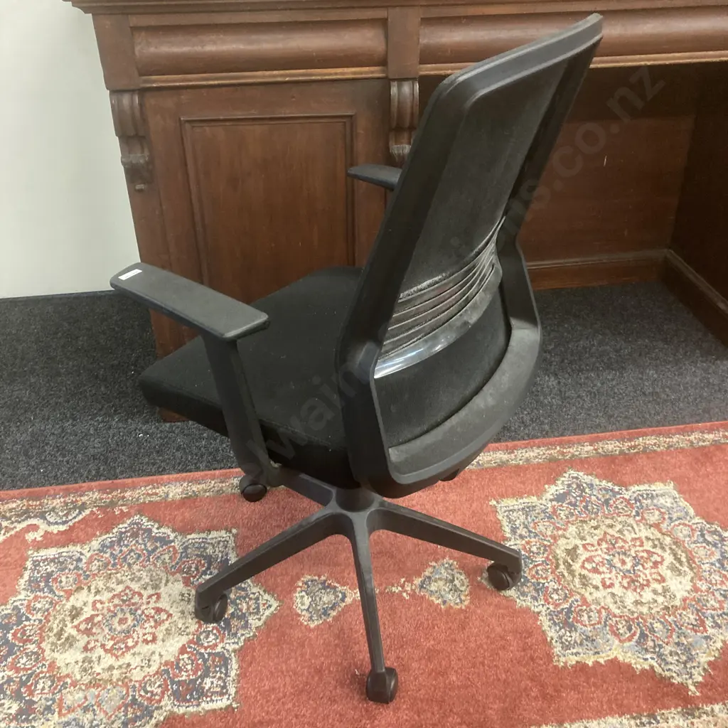 Black Armed Gaslift Office Chair With a Mesh Back, Mobile And a Folding Plastic Footrest Image 1++