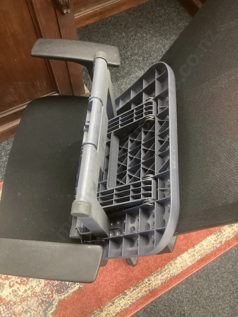 Black Armed Gaslift Office Chair With a Mesh Back, Mobile And a Folding Plastic Footrest Image 1++