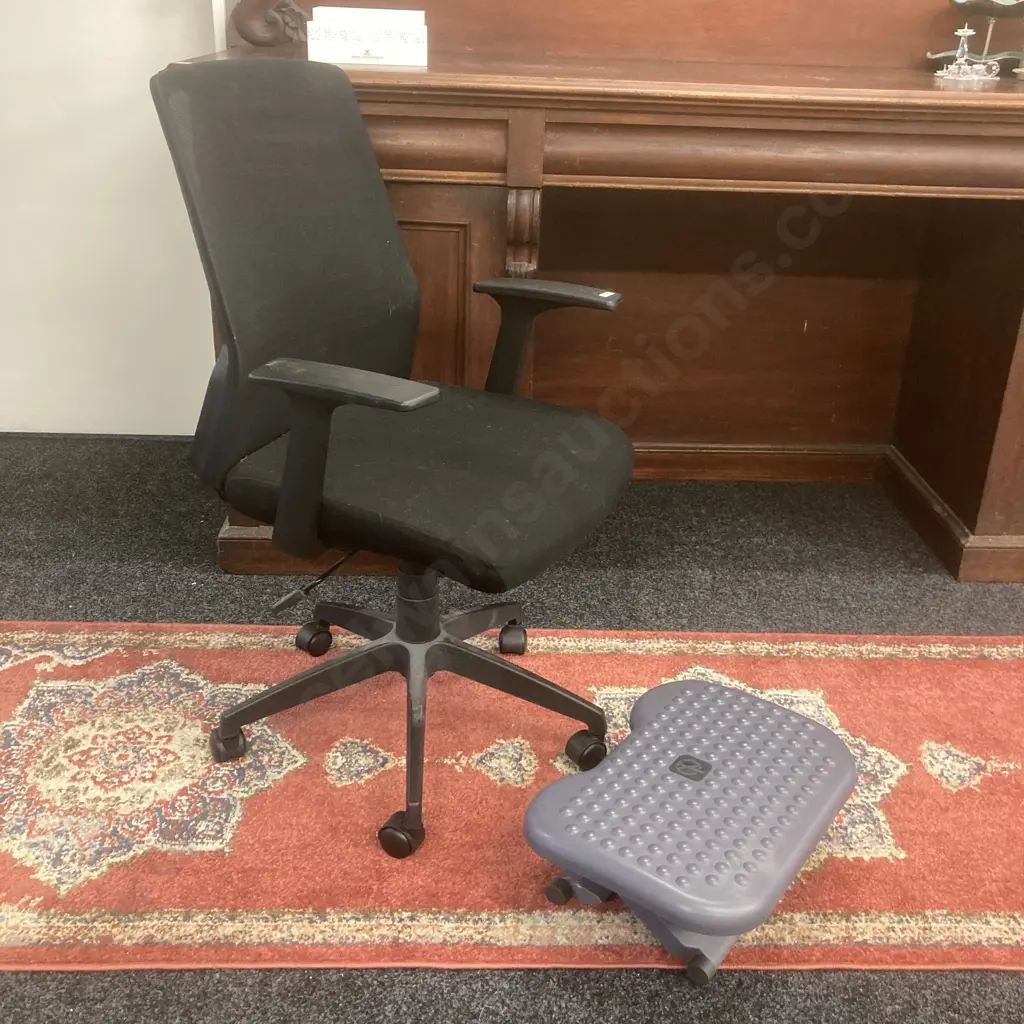 Black Armed Gaslift Office Chair With a Mesh Back, Mobile And a Folding Plastic Footrest Image 1++
