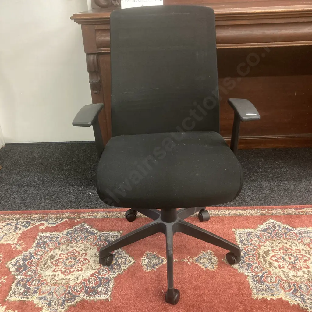 Black Armed Gaslift Office Chair With a Mesh Back, Mobile And a Folding Plastic Footrest Image 1++