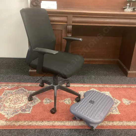 Black Armed Gaslift Office Chair With a Mesh Back, Mobile And a Folding Plastic Footrest