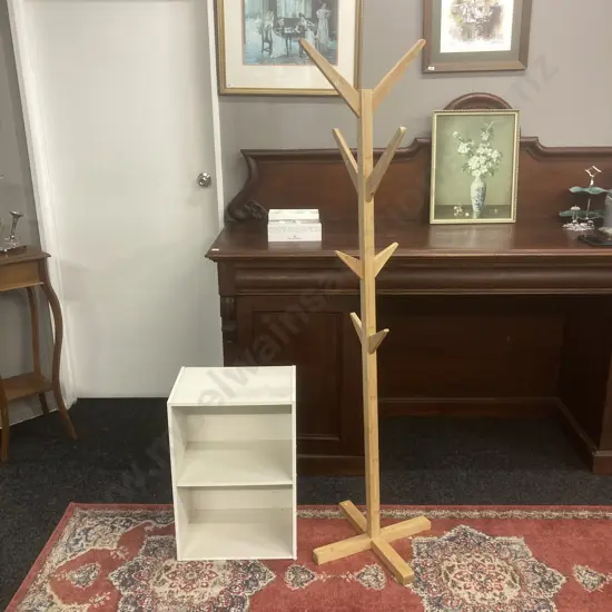 Freestanding Wooden Coat Stand. 170cm & White Bookcase. 60 x 41cm
