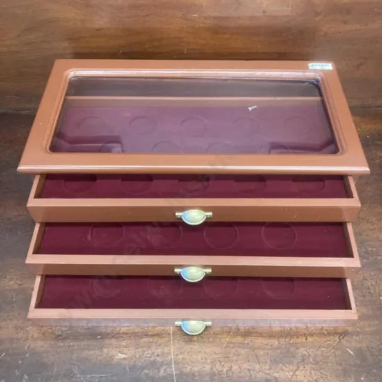 Wooden Coin Display Case, 3 Drawer With Display On Top, H12 W38.5 D20cm