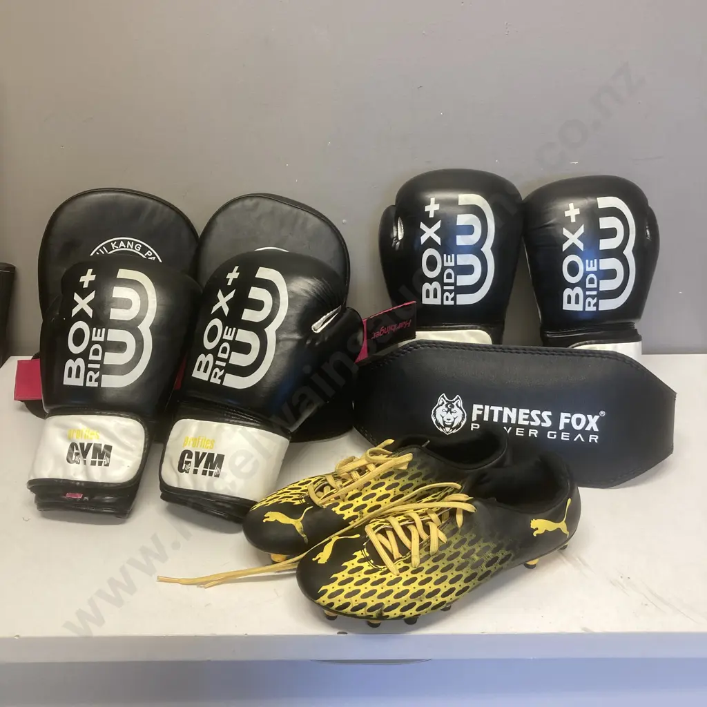 2 Pair of Boxing Gloves, RKA Focus Pads, Belts, Puma UK8 Football Boots Image 1++