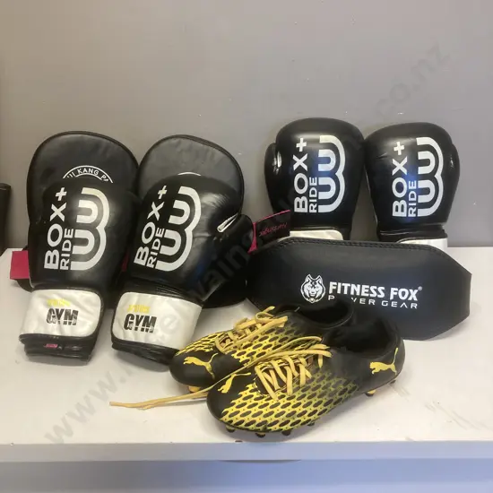 2 Pair of Boxing Gloves, RKA Focus Pads, Belts, Puma UK8 Football Boots