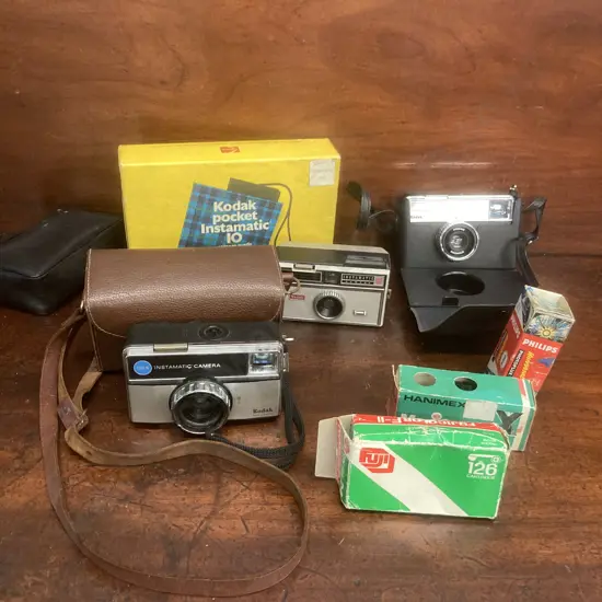 Vintage Kodak Pocket Instamatic 10 Camera Outfit with Original Box, Assorted Kodak Instamatics, Film & Flash Cubes