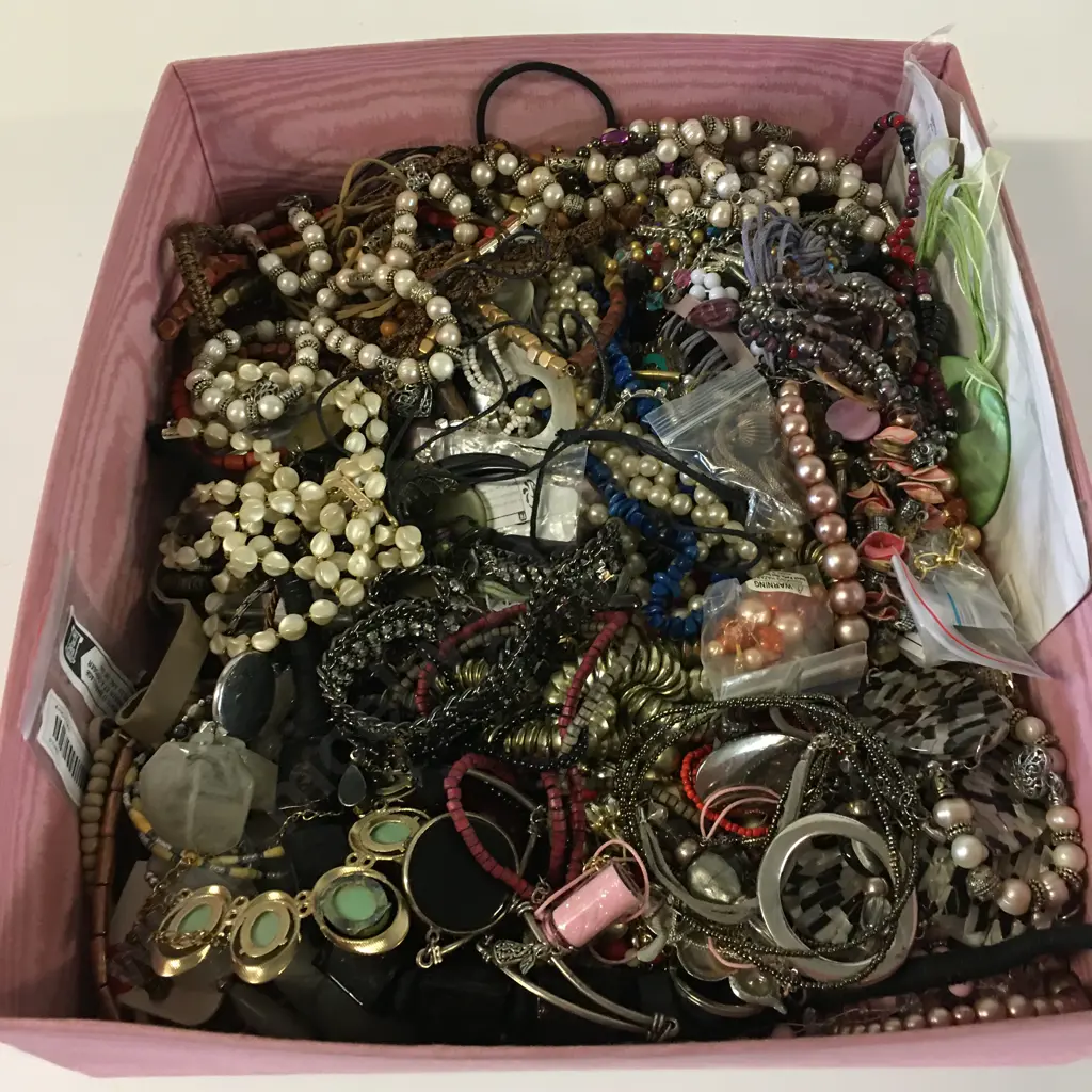 Large Selection Of Costume Jewellery In Pink Box Image 1++