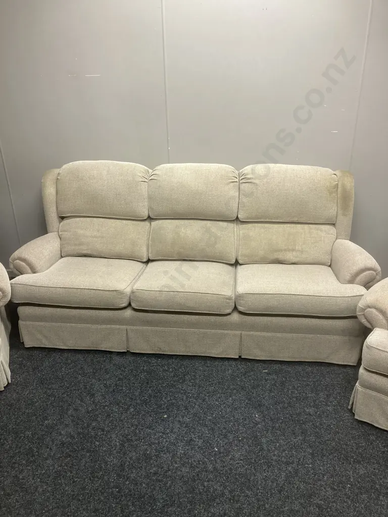 Lounge Suite - 3 Seater Couch With 2 Armchairs In Oatmeal Colour Fabric, Waterfall Back, On Castors Image 1++