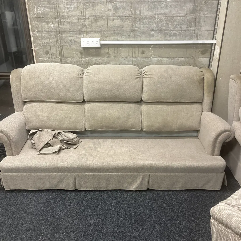 Lounge Suite - 3 Seater Couch With 2 Armchairs In Oatmeal Colour Fabric, Waterfall Back, On Castors Image 1++