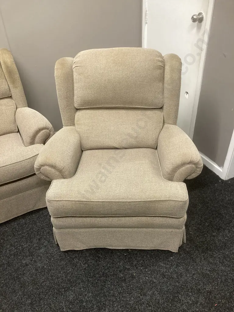 Lounge Suite - 3 Seater Couch With 2 Armchairs In Oatmeal Colour Fabric, Waterfall Back, On Castors Image 1++